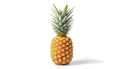 A vibrant, golden tropical pineapple stands upright with its lush green crown, perfectly ripe and ready to be enjoyed, against a clean white background, symbolizing fresh, healthy, and exotic produce