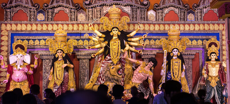 Magnificent Durga Puja Pandal 2025: Vibrant Goddess Durga Idol and Indian Festival Celebration