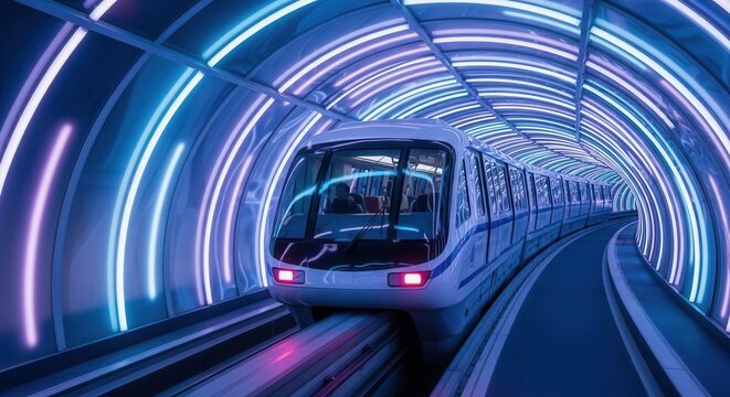 High-Speed Train in Futuristic Neon Tunnel with Dynamic Blue and Purple Light Rings.