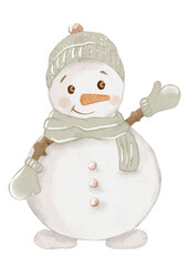 Cute snowman in winter hat and scarf waving cheerfully against a white background