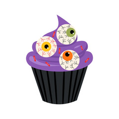 Halloween cupcake with eyes. Vector illustration of dessert.