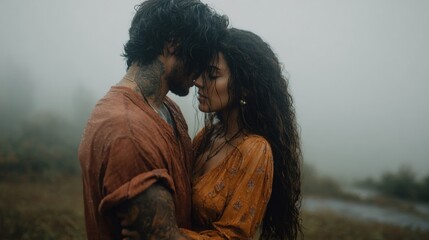 Couple embraces in misty field, love radiates amidst the foggy, nature backdrop
