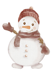 Cute snowman waving with a hat and scarf in watercolor for textile and fabric designs