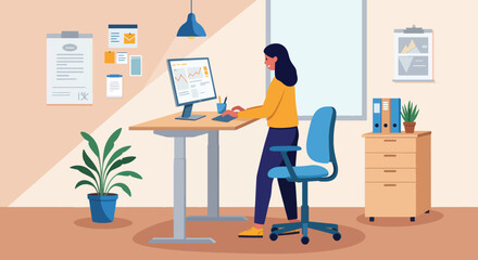 Woman working at a standing desk in a modern office environment.
