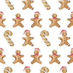 Gingerbread cookie and candy design in watercolor for festive wrapping paper
