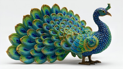 The bird is depicted with its tail fanned out, showcasing an elaborate pattern of feathers in brilliant shades of teal, emerald green, and deep blue. Each feather has a distinct "eye-spot" accented