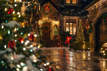 A beautifully decorated house adorned with twinkling lights and a snow-covered yard, creating a festive winter wonderland.