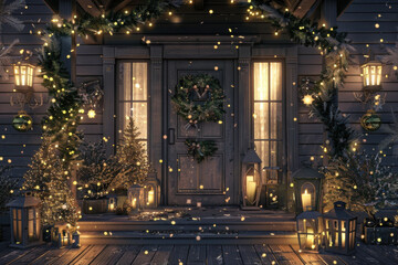 A beautifully decorated entrance featuring twinkling lights, a festive wreath, and snow-covered greenery, creating a warm holiday welcome.