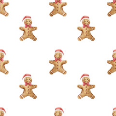 Festive watercolor gingerbread man pattern for wrapping and textile design