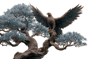 a majestic eagle sculpture with widespread wings perched atop a gnarled, ancient tree. The tree has unusual, grayish-blue foliage against a pure white background