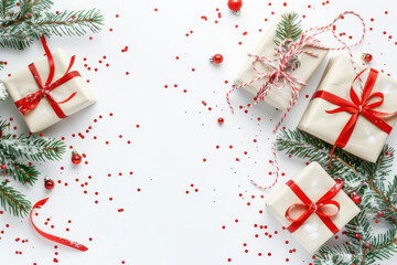 A festive arrangement featuring beautifully wrapped Christmas gifts, ornaments, and pine branches on a white background, adorned with red confetti.