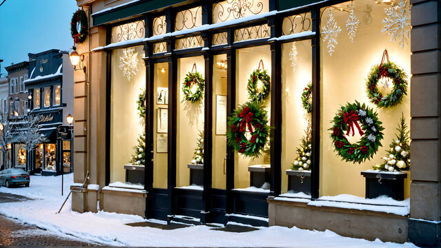 Experience the magic of Christmas with this charming shop window display, perfect for holiday promotions and winter wonderland themes, a festive scene!