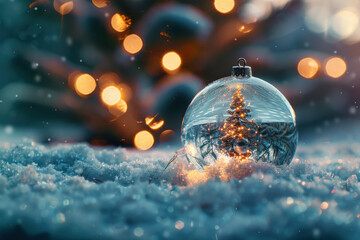 A serene winter scene featuring a miniature Christmas tree inside a glass globe, surrounded by falling snowflakes and sparkling lights.