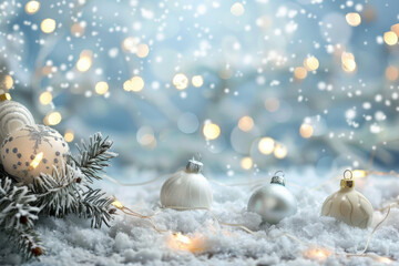 Elegant white Christmas ornaments resting on soft snow, surrounded by pine branches and warm glowing lights, creating a festive ambiance.