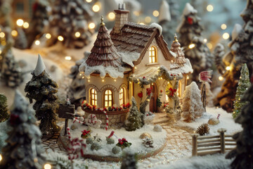 A charming winter village blanketed in snow, featuring colorful houses, decorated Christmas trees, and twinkling lights, creating a magical atmosphere.