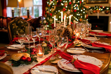 A beautifully set Christmas dining table adorned with elegant tableware, festive decorations, and red ornaments, creating a warm atmosphere.