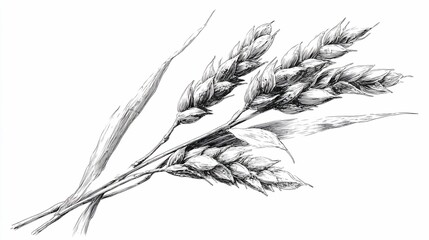 Delicate pen and ink illustration of wheat stalks and leaves. Realistic textures create depth