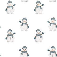 Repeating watercolor pattern of cheerful snowmen in winter wear