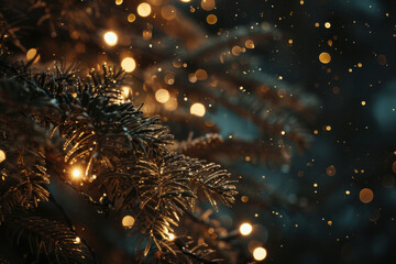 A sparkling Christmas tree made of golden glitter is surrounded by glowing lights and festive bokeh, creating a magical atmosphere.