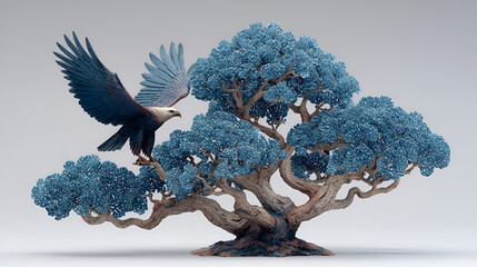 a majestic eagle sculpture with widespread wings perched atop a gnarled, ancient tree. The tree has unusual, grayish-blue foliage against a pure white background