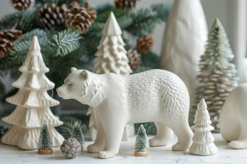 A serene winter scene featuring white ceramic trees, a bear figure, and pinecones, creating a cozy holiday atmosphere.
