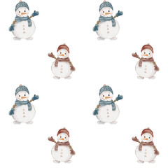 Watercolor snowman pattern for festive fabric and wrapping design