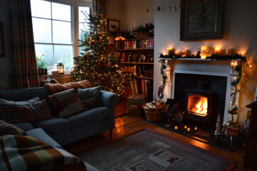 A cozy Christmas scene featuring a decorated tree, presents, and a warm fireplace, creating a festive and inviting atmosphere.