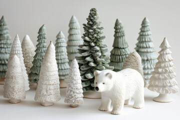 A serene winter scene featuring white ceramic trees, a bear figure, and pinecones, creating a cozy holiday atmosphere.
