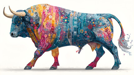 The color palette is exceptionally rich and bold, featuring dominant tones of deep blue, turquoise, pink, yellow, and orange, which flow across its form. The powerful pose and horns contrast