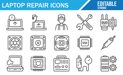 Laptop Repair Service Icons with Editable Tools, Components, and Update Symbols