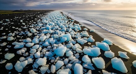 Blue icebergs scattered along the coast.