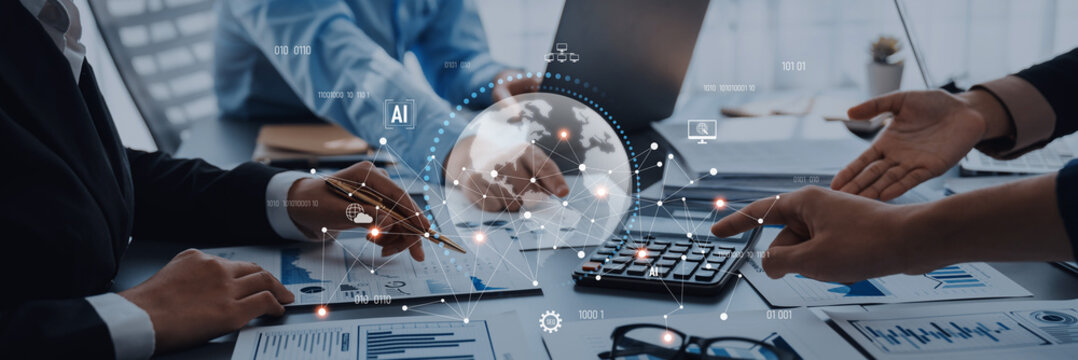 Professionals collaborate on business strategies while analyzing data trends, utilizing technology and financial tools in a modern office setting. Trope