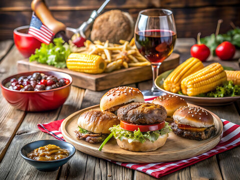 American picnic spread with juicy burgers, french fries, corn on the cob, and a glass of red wine - Powered by Adobe