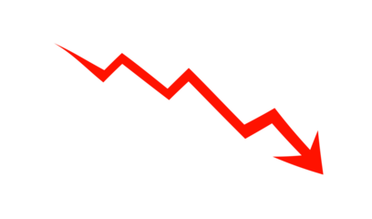 Downward trend graph in red color with arrow pointing down in simple line style on white background for financial analysis