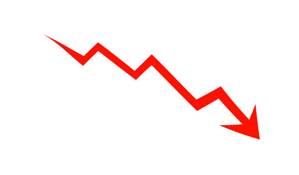 Downward trend graph in red color with arrow pointing down in simple line style on white background for financial analysis