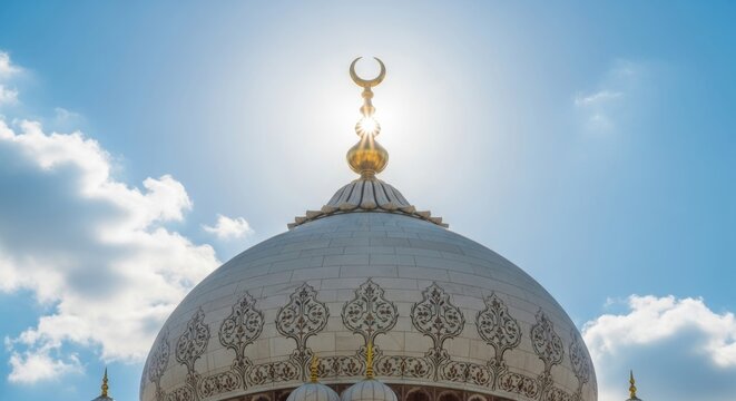 Majestic Mosque Dome Illuminated by Golden Sunlight Against a Vibrant Blue Sky with Wispy Clouds.