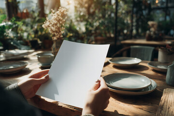 Obraz premium Person holds blank paper at restaurant table