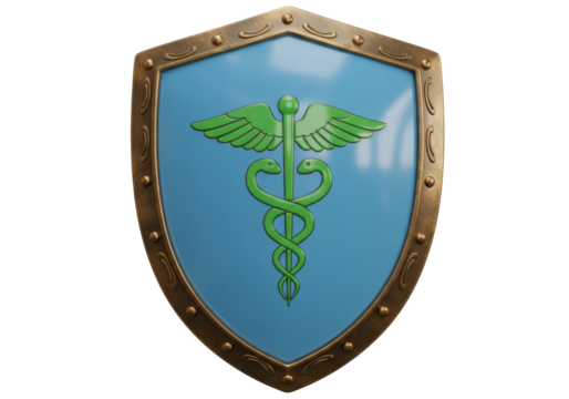Medical shield with caduceus symbol isolated, blue and gold emblem for healthcare, protection and security in medicine PNG