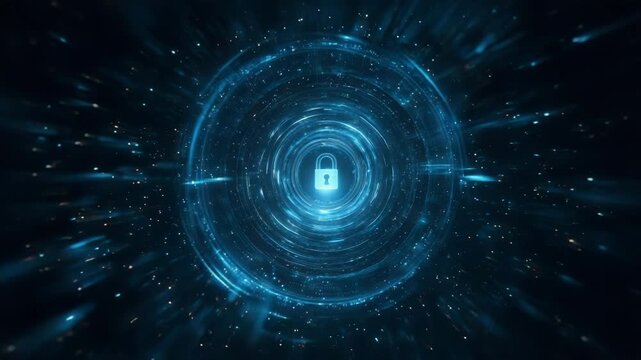Digital security concept with glowing lock inside circular data field  
