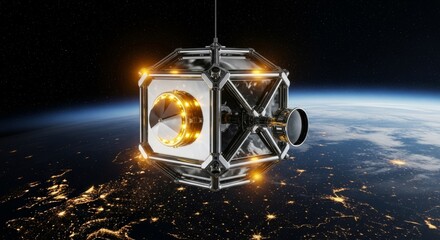 CubeSat Orbiting Earth - High-Tech Satellite with Glowing Lights and Detailed Earth Background.
