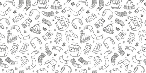 A pattern of linear winter icons. Warm clothes, snowflakes. Hand-drawn, drawings, sketches, and doodles. Hat, scarf, sweater, knitted socks, and gloves. Seamless background.