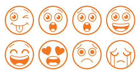 Vector set of cartoon faces with orange outlines and white backgrounds featuring happy sad angry surprised and playful expressions
