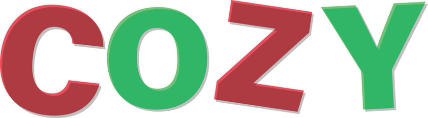 Red green letters spell out the word C O Z Y with shadow effect Text Design cozy