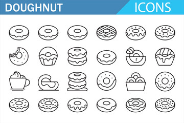Set of Doughnut Icons in Simple Line Art Style, Featuring Different Flavors, Toppings, and Arrangements with Coffee and Basket