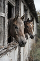 Horses peering through window
