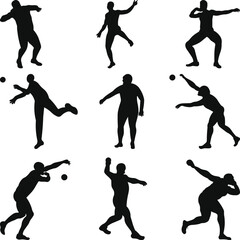 Shot Put thrower Athletes Silhouette Collection, Vector set Illustration Isolated on white background.