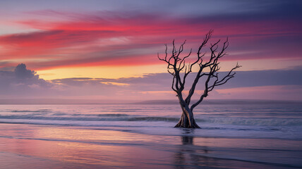 Bare Tree Silhouette Standing in Ocean Water at Sunrise with Dramatic Pink and Orange Sky Landscape Scenery