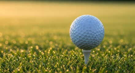 Golf Ball on Tee in Dew-Kissed Grass, Golden Hour Light, Serene Golf Course.