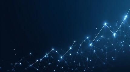 Digital network with glowing nodes forming an upward trending line on blue backdrop