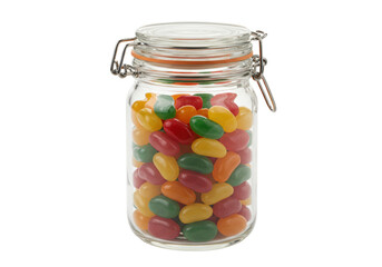 Glass jar filled with colorful jelly beans isolated, sweet treat for Easter and party favors, no background